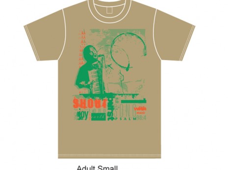 Example of "camel" shirt and "green" and "orange" ink imprint (on Adult Small size)